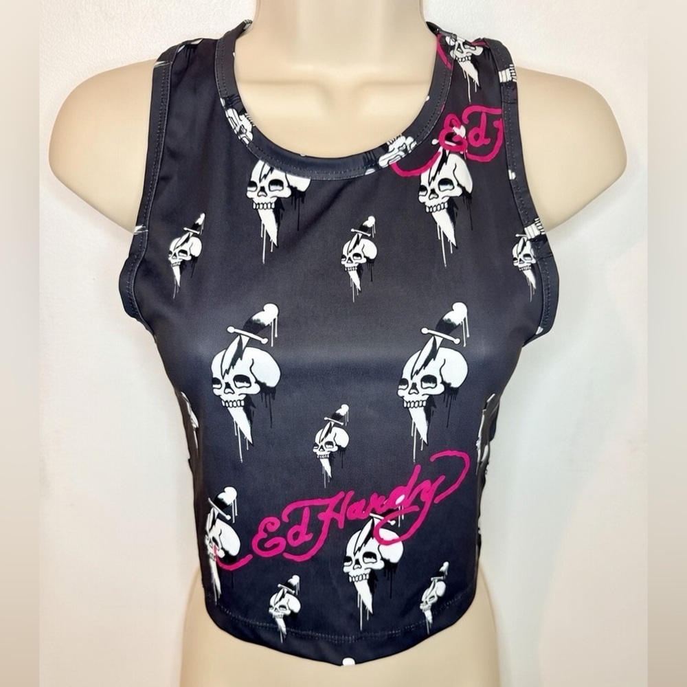 Ed Hardy Tank Top Womens Small Gray Skull Print Cropped Gothic Tattoo Racerback